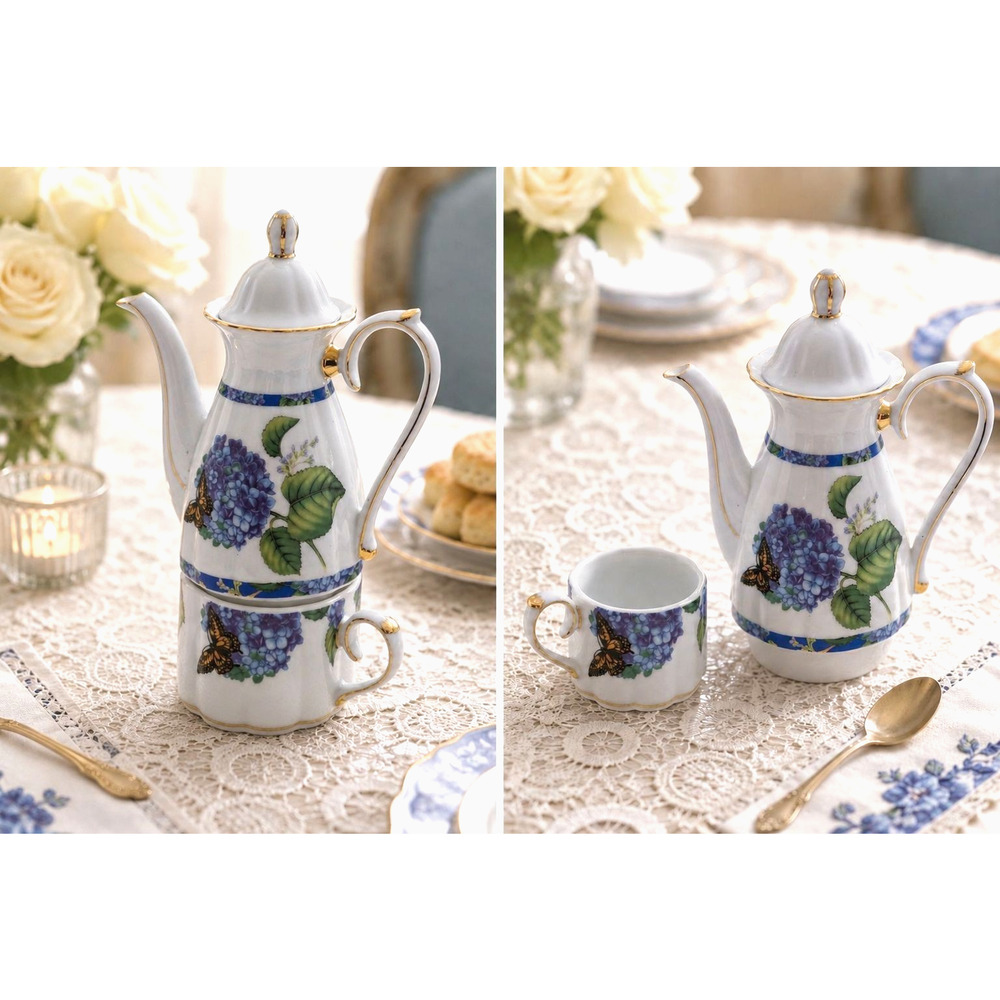 Stacking Teapot Tea Cup Set Hydrangea Floral Butterfly Gold Trim Teapot 1 Cup